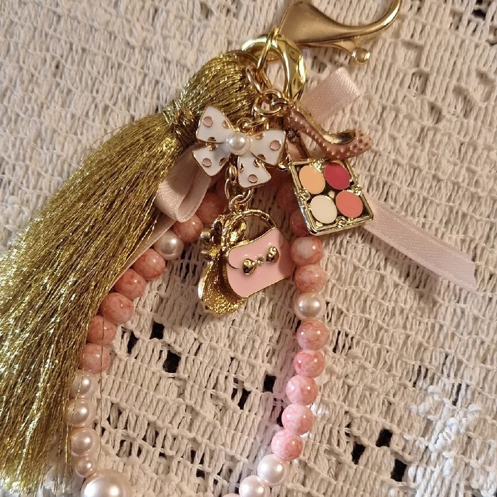 Feminine Charms Gold and Pink Beaded Keychain/Handbag Charm/Backpack Charm.